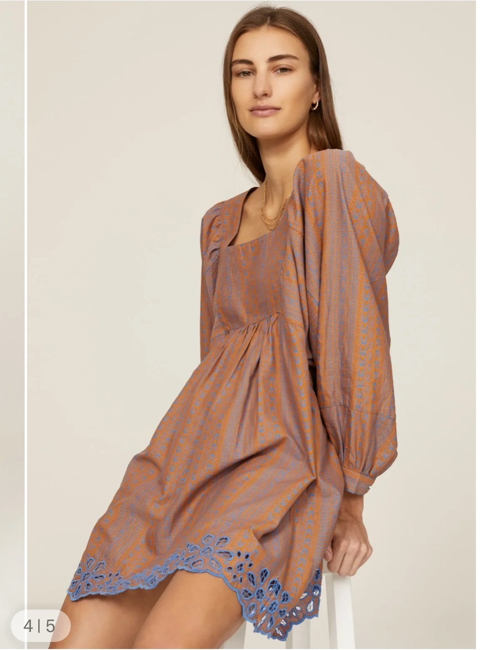 Joie Prism Rust and Periwinkle Square-Neck Puff Sleeve Mini Dress Eyelet Trim L